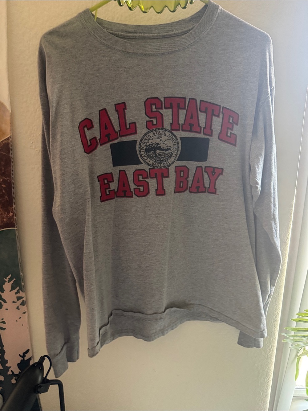 Champion Gray Long Sleeve Cal State East Bay Logo Tee with Red Print